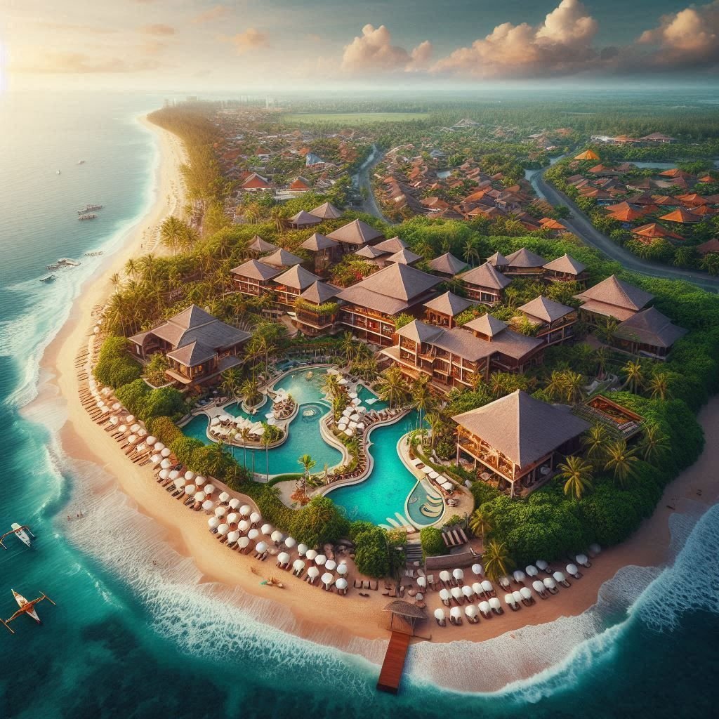 A beautiful aerial view of Bali tourism highlights, featuring Ciputra Beach Resort Real Estate nestled along the coastline.