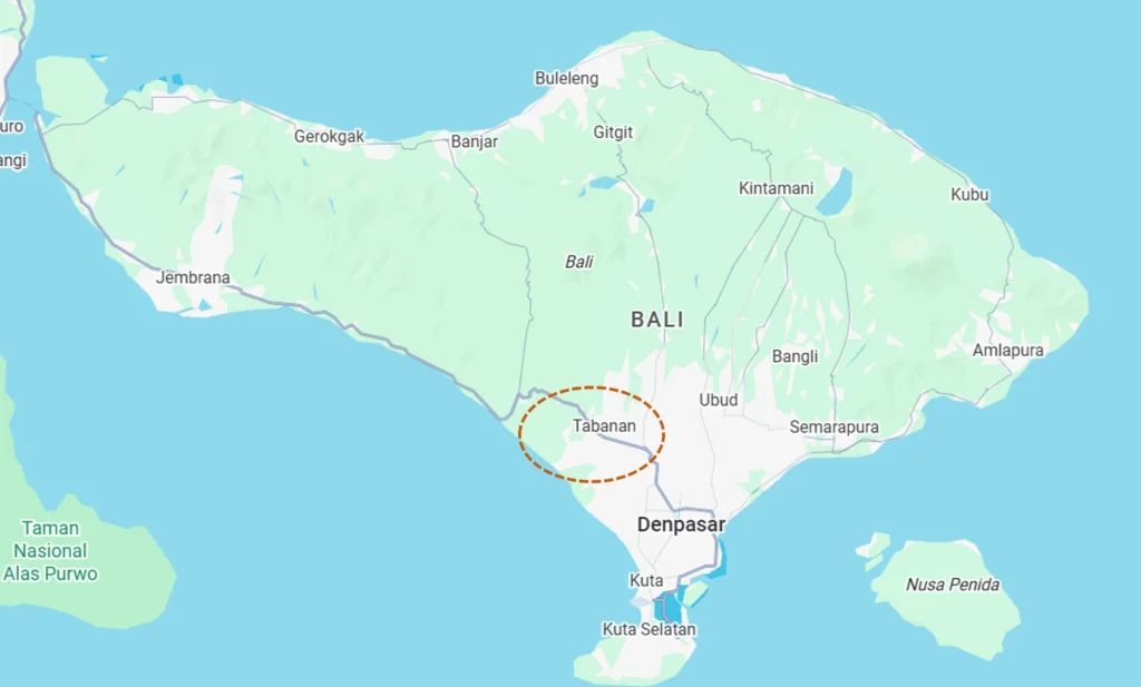 Geographic map of Bali highlighting the Tabanan location on the West coast, showing the Kedungu area and Ciputra Beach Resort.
