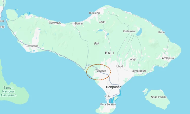 Geographic map of Bali highlighting the Tabanan location on the West coast, showing the Kedungu area and Ciputra Beach Resort.